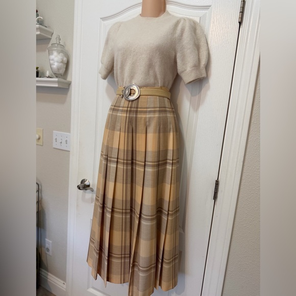VTG 70s Pendleton Cream Taupe Tan Pleated Plaid A-Line Midi Maxi Skirt, Size 4 - Picture 3 of 13